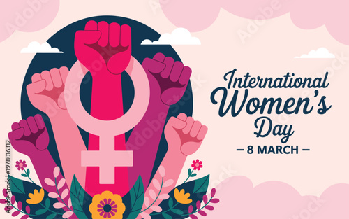 Women celebrate International Women's Day with fists raised in solidarity outdoors