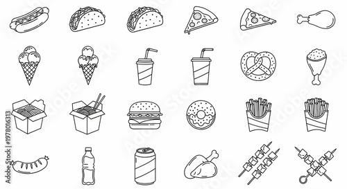 Fast Food Icons Set Hot Dog, Taco, Pizza, Fried Chicken, and More - Vector Illustration