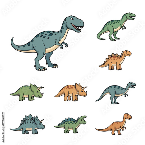 Collection of various cartoon dinosaurs illustration set.