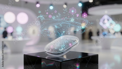 Proiezione olografica 3D di dati molecolari su dispositivo futuristico.