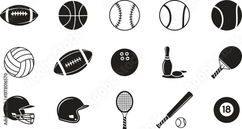 Black silhouette collection of various sports equipment balls helmets rackets and protective gear