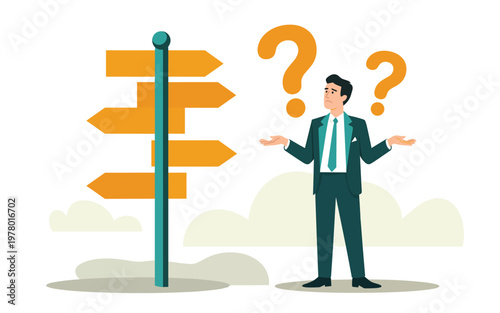 Man in suit confused at crossroads with question marks and signpost