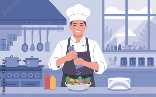 A chef prepares a salad in a kitchen with various utensils and ingredients.