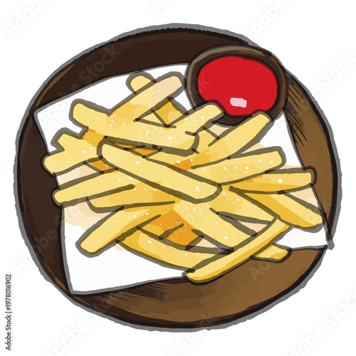 俯瞰の黒い皿に盛られたポテトフライの水彩画風イラスト