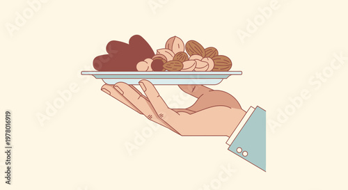 Hand offering plate of assorted nuts and chocolate snacks in cartoon vector illustration with clean line art and pastel colors