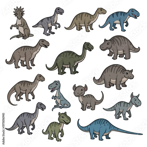 Collection of cute cartoon dinosaurs illustration set.