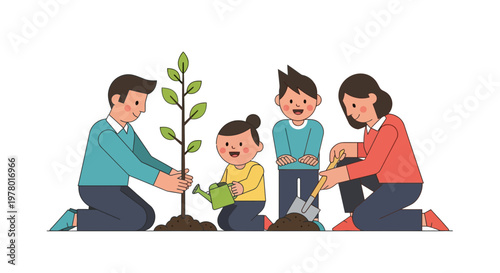 Happy family planting a tree together illustration in cartoon style with earth shovel and watering can on white background