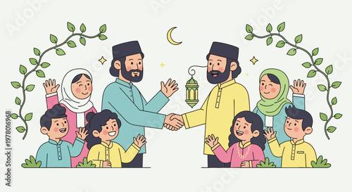 Happy Muslim family and friends celebrating Eid al-Fitr with handshake in cartoon vector style against soft background