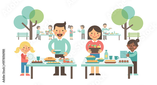 Group of happy people enjoying outdoor picnic with food and drinks illustration in cartoon style with trees and benches