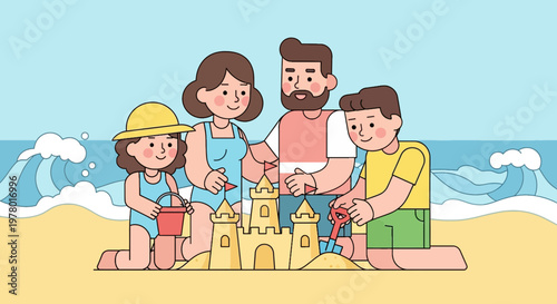 Happy family building sandcastle on beach in summer cartoon vector illustration with bright colors ocean waves and light blue sky