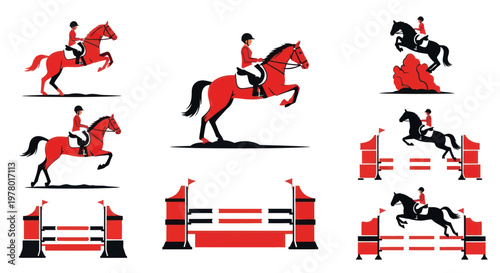 Equestrian Show Jumping Collection: Horse and Rider Jumping Obstacles