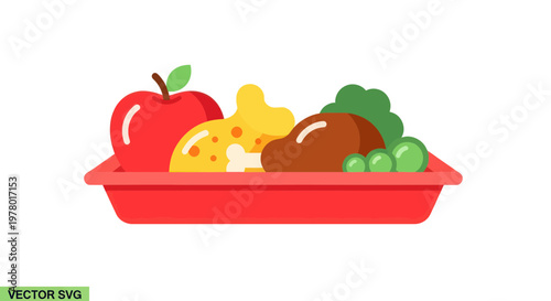 Healthy Meal Tray: Apple, Cheese, Meat, Broccoli, Peas - Flat Design