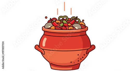 Hearty Stew in Clay Pot with Vegetables and Beans, Steaming