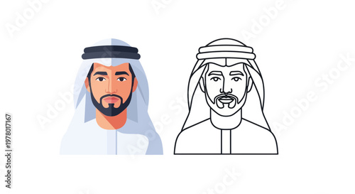 Middle Eastern Man Portrait: Flat Illustration and Line Art