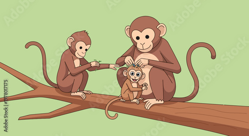 Illustration of three monkeys grooming each other on a tree branch in a cartoon style set against a soft green backdrop