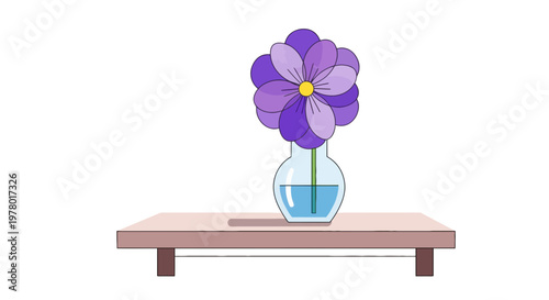 Purple flower in a glass vase on a small wooden table illustration; botanical floral blossom design with a single stem on furniture