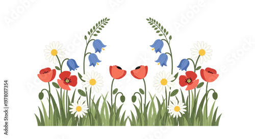 Spring wildflower meadow illustration featuring daisies poppies and bluebells in a whimsical garden setting with soft colors