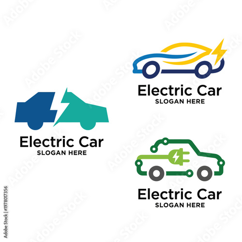 This set of logos showcases three distinct electric car designs, highlighting innovation and modernity in transportation, suitable for automotive brands focused on eco-friendly vehicles.