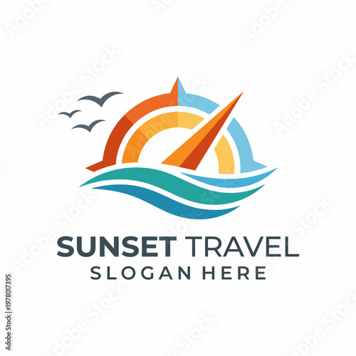 This logo design captures the essence of travel with a vibrant sunset and sailboat, evoking feelings of adventure, relaxation, and exploration by the sea.