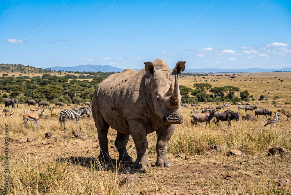 Fototapeta premium Powerful rhinoceros standing proudly on a vast dry savanna plain under a bright clear blue sky
