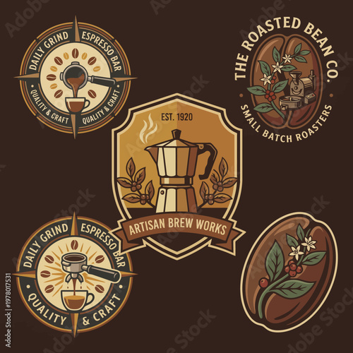 A collection of vintage-style coffee brand logos, showcasing artisan craftsmanship and the rich heritage of coffee roasting with a detailed and nostalgic aesthetic.