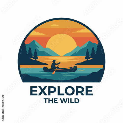 A picturesque logo design depicting a canoeist on a serene lake at sunset, emphasizing adventure, freedom, and connection with nature for outdoor enthusiasts.
