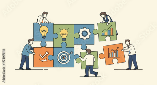 Teamwork collaboration assembling puzzle pieces with light bulb gear target and graph icons for business strategy and success illustration