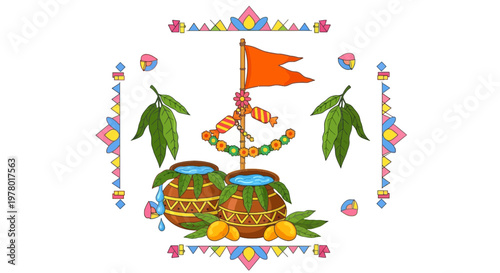 Traditional Gudhi Padwa festival illustration with Kalash pots mango leaves garland sweets and orange flag in ornamental frame