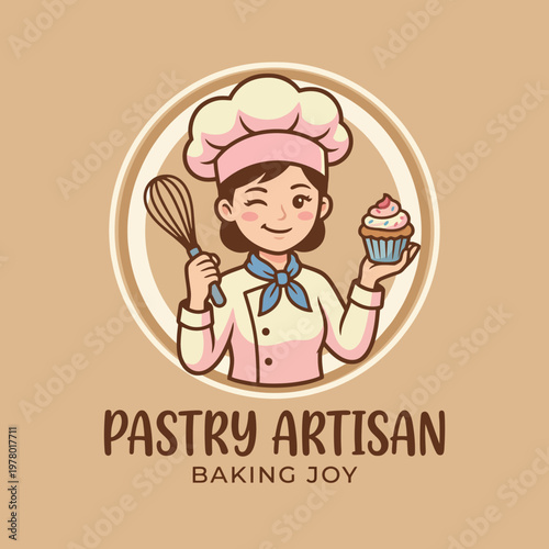 A delightful logo featuring a cheerful pastry chef holding a whisk and cupcake, symbolizing joy and expertise in the world of baking and dessert creation.