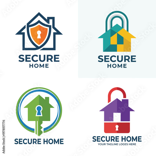 This image showcases various secure home logos, emphasizing safety, protection, and reliability for homeowners seeking security solutions for their property.