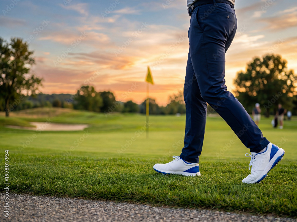 Fototapeta premium Man in blue pants and white golf shoes walks on green golf course at sunset