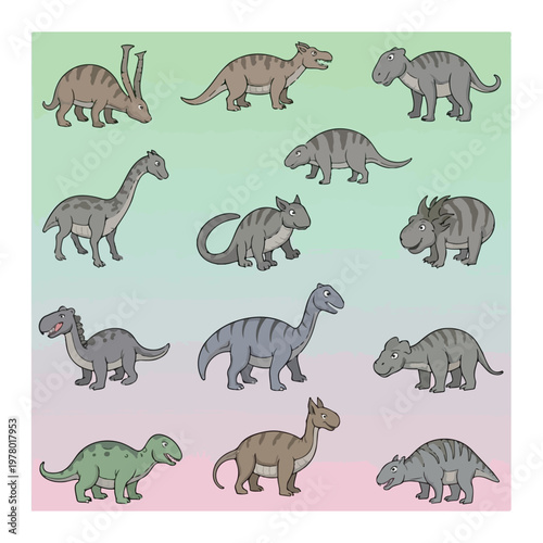 Collection of various cartoon style dinosaur characters isolated on a flat background.