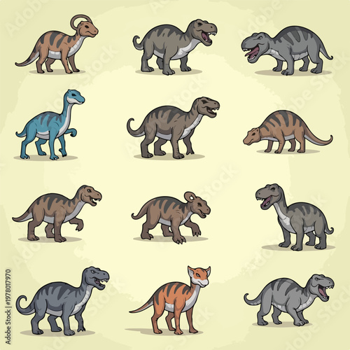 Collection of various cartoon style dinosaur characters in set.