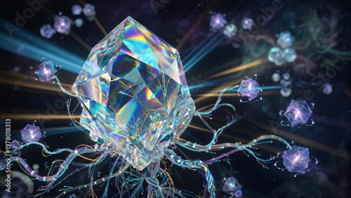 Cristallo magico iridescente con radici di energia e raggi luminosi 3D.