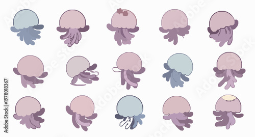 Cute cartoon jellyfish characters vector set with playful glowing sea animals for kids illustration