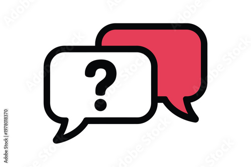 A graphic illustration of two speech bubbles with a question mark in one.