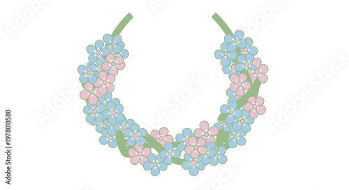 Delicate flower wreath illustration featuring forget-me-nots and pink blossoms entwined on a gentle green vine perfect for spring designs