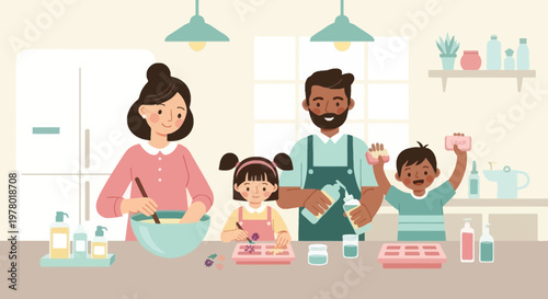 Family making homemade soap together in the kitchen vector illustration in pastel colors parent and kids crafting creative lifestyle activity