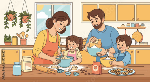 Family making cookies together at kitchen table illustration father pouring flour while mother and children stir dough cooking teamwork concept