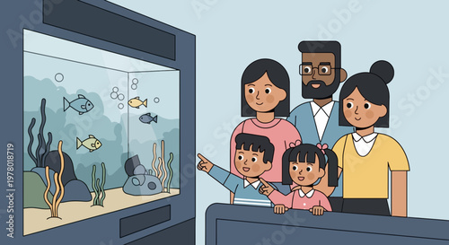 Family Visiting Aquarium Exhibit with Colorful Fish and Seaweed Plants in Minimalist Style Illustration with Son Pointing