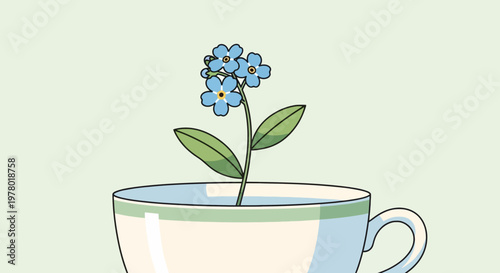 Forget-me-not flowers blooming in a teacup illustration; charming cute and colorful floral design element for spring themes