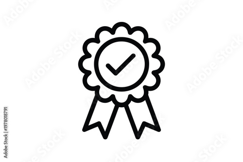 A simple black and white icon of a rosette award ribbon with a checkmark