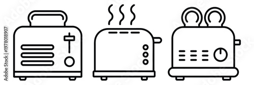 Modern toaster line icon set, kitchen appliance outline, breakfast cooking equipment symbols, home appliance design concept, clean vector illustration