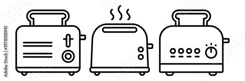 Modern toaster line icon set, kitchen appliance outline, breakfast cooking equipment symbols, home appliance design concept, clean vector illustration