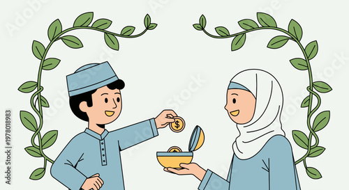 Muslim boy donating coin to a woman wearing hijab illustration; charity and islamic finance concept in cartoon style with green foliage frame