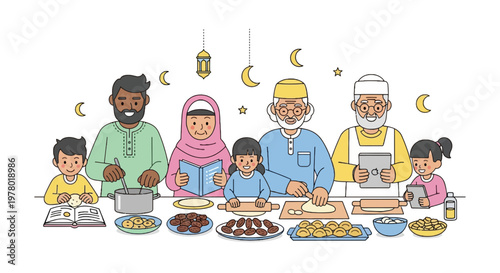 Multi-generational Muslim family baking together in cartoon vector illustration with crescents and lanterns overhead