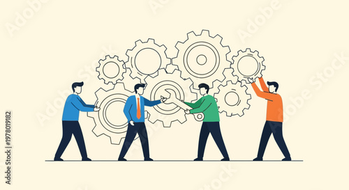 Teamwork concept illustration featuring collaborative effort with gears in a flat vector style on a cream backdrop symbolizing business operations
