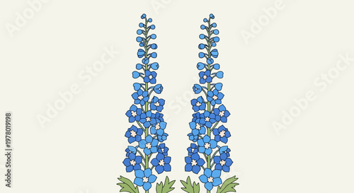 Two vibrant blue delphinium flower stalks in full bloom presented as botanical illustration on a soft cream background floral design