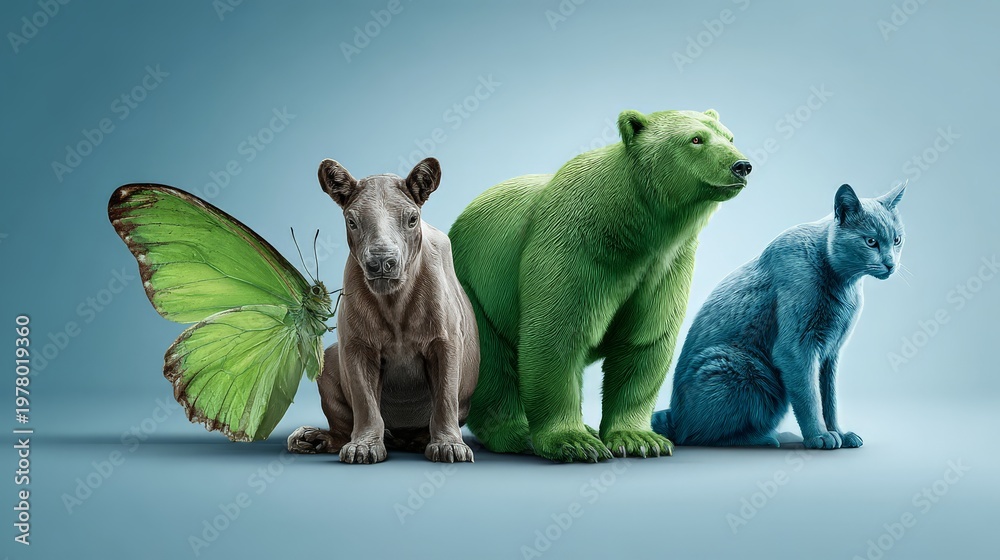 Fototapeta premium Colorful animals lined up on a blue background.
