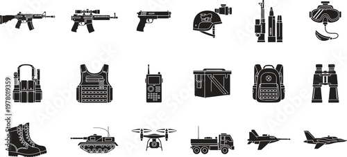 Military equipment silhouette collection weapons tactical gear vehicles and protective armor in black